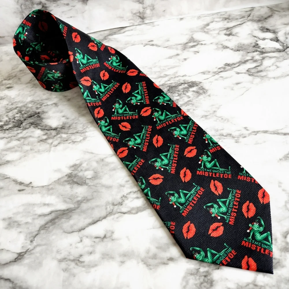 Christmas Holiday Tie With Frogs, Lips, And Mistletoe, Black, Red, & Green